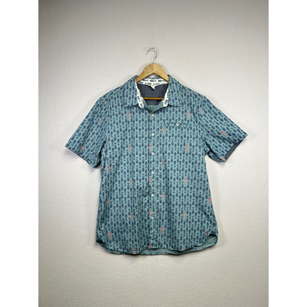 White Stuff Mens L Classic Fit Short Sleeve Button‎ Down Shirt Fish Print Blue